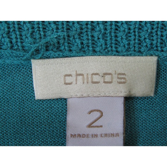 Chicos Cardigan Womens 2 Teal Blue Good 100% Silk Shrug Open Front 3/4 Sleeve - Picture 3 of 10